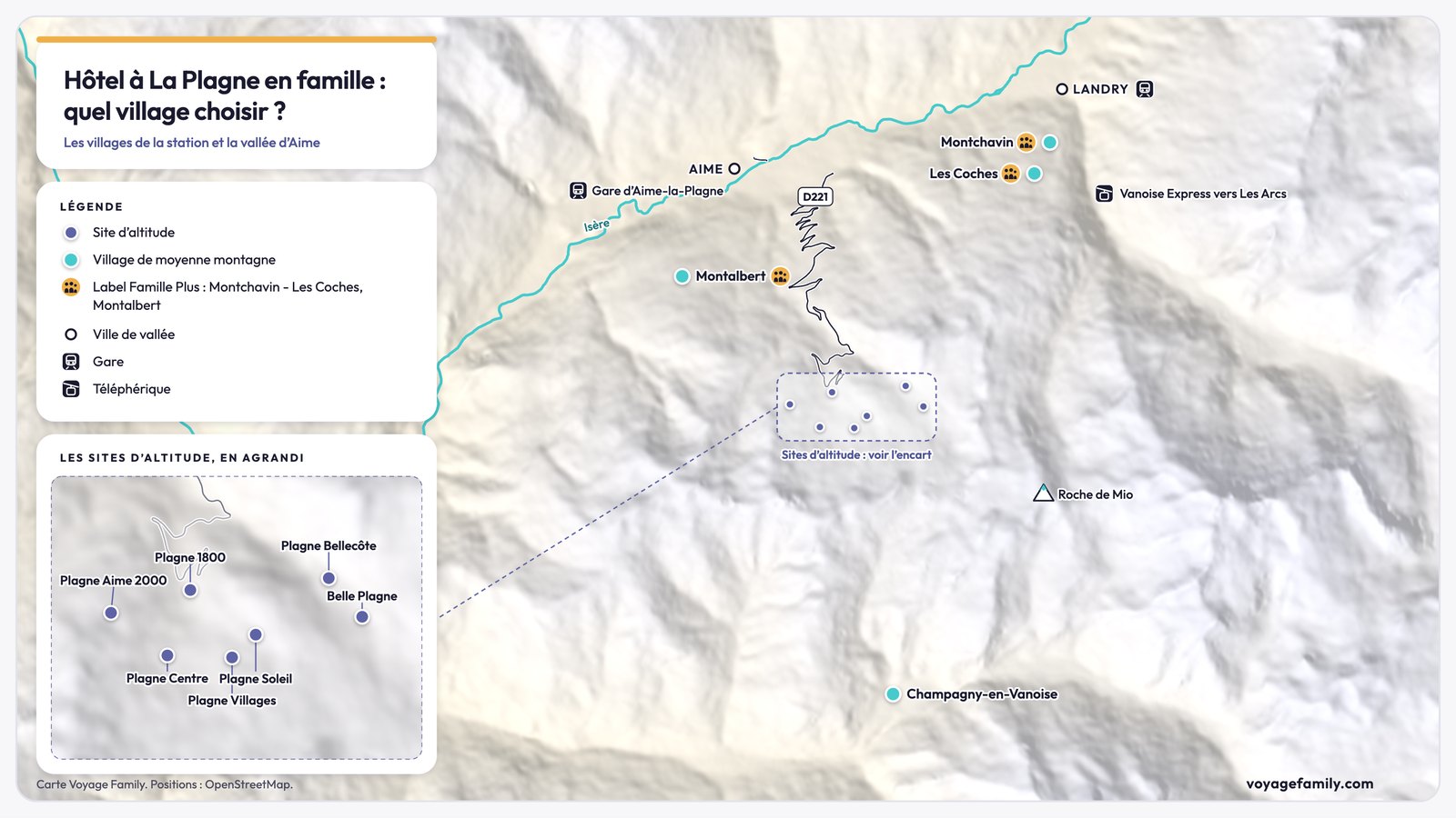 Carte des villages de La Plagne pour un h&ocirc;tel en famille, de Montchavin - Les Coches &agrave; Champagny-en-Vanoise, avec les gares d'Aime-la-Plagne et de Landry et le Vanoise Express