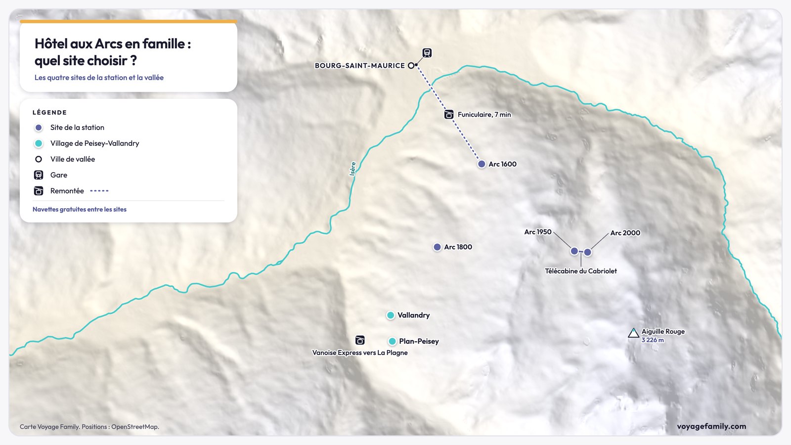 Carte des sites des Arcs pour un hôtel en famille, de Bourg-Saint-Maurice à Arc 2000, avec le funiculaire, Peisey-Vallandry et le Vanoise Express