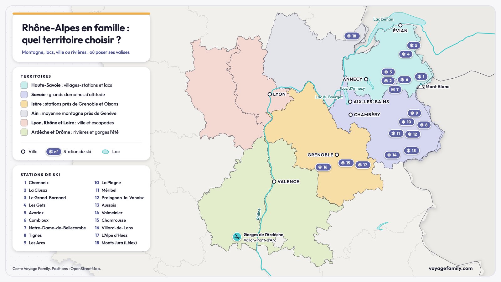 Carte des six territoires de Rhône-Alpes pour des vacances en famille, avec les villes, les lacs et dix-huit stations de ski