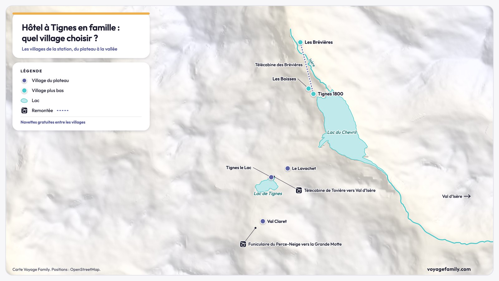 Carte des villages de Tignes pour un h&ocirc;tel en famille, des Br&eacute;vi&egrave;res &agrave; Val Claret, avec le lac, la t&eacute;l&eacute;cabine des Br&eacute;vi&egrave;res et le funiculaire du Perce-Neige