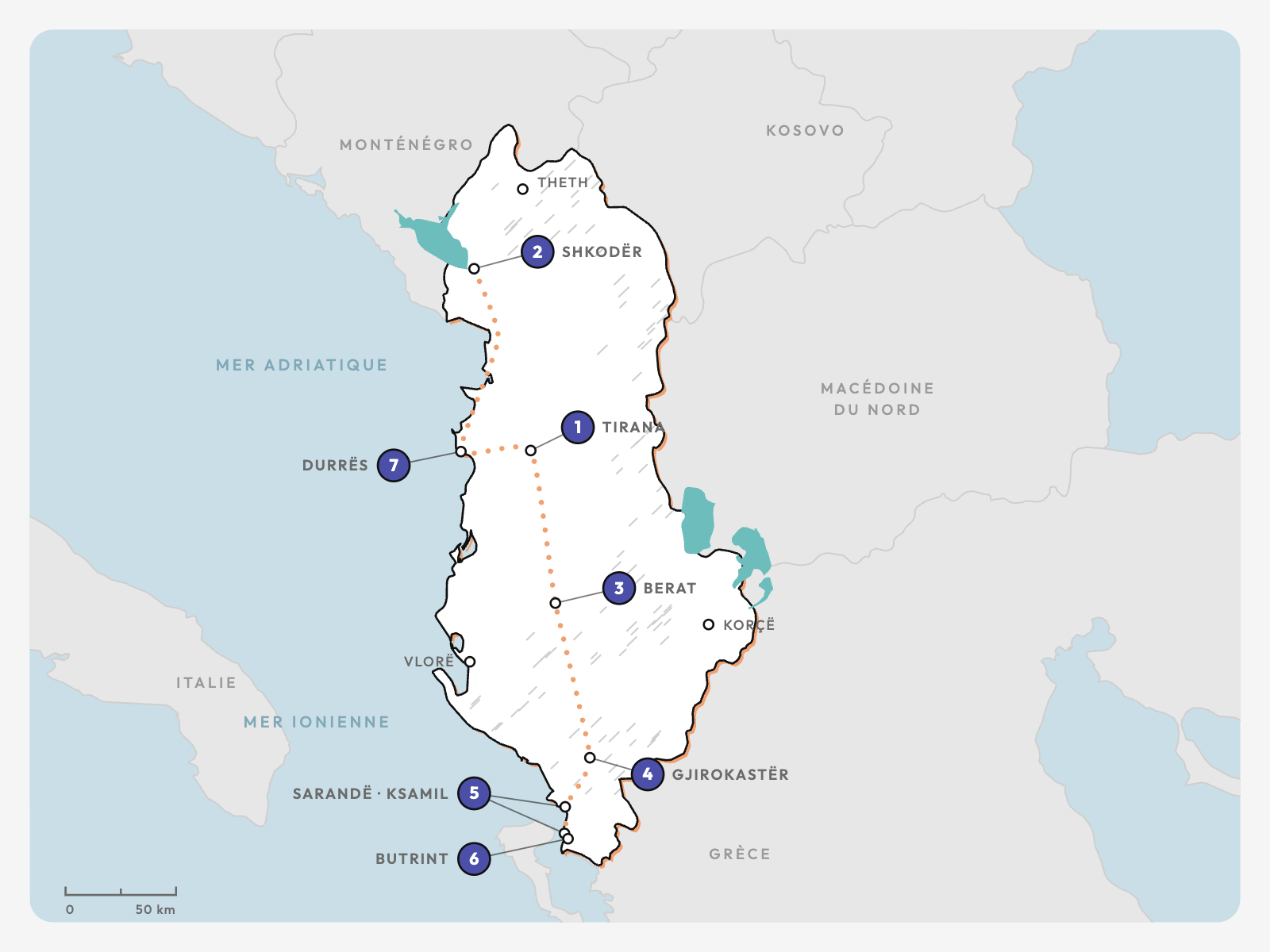 Carte de l'Albanie situant Tirana, Shkodër, Berat, Gjirokastër, Sarandë, Ksamil, Butrint et Durrës en pastilles numérotées, plus Theth, Vlorë et Korçë, reliés par un itinéraire en pointillés