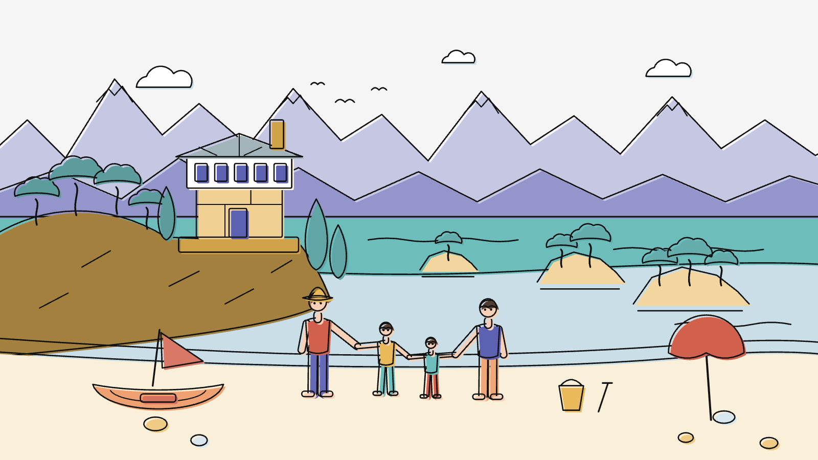 Illustration d'une famille sur une crique de la côte ionienne albanaise, avec une barque, des parasols et les montagnes en arrière-plan
